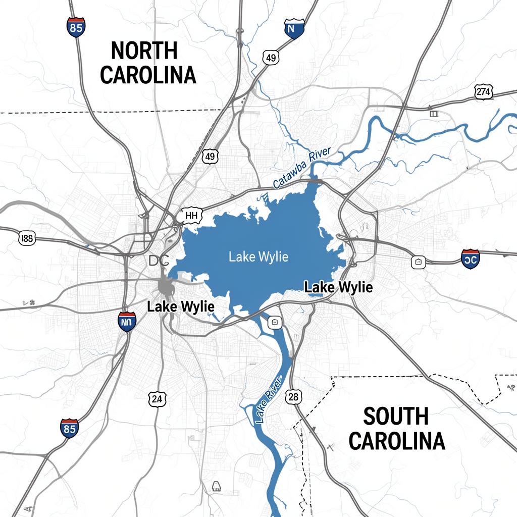Map of Lake Wylie and surrounding areas including Belmont, Mount Holly, Gastonia, Fort Mill, and Charlotte